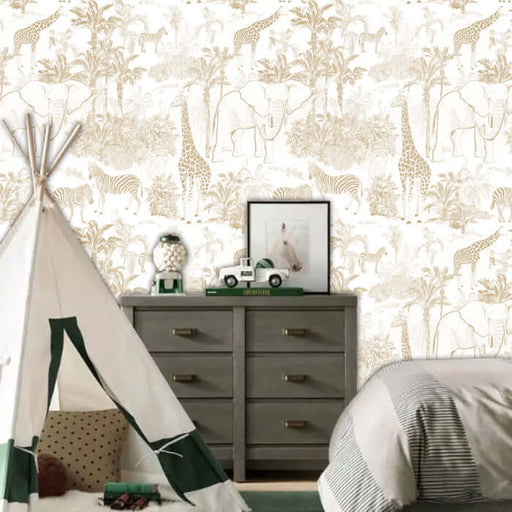 Light brown tropical animal wallpaper I Elephant Giraffe with jungle scene featuring elephants, giraffes, zebras and palm trees in soft brushstrokes