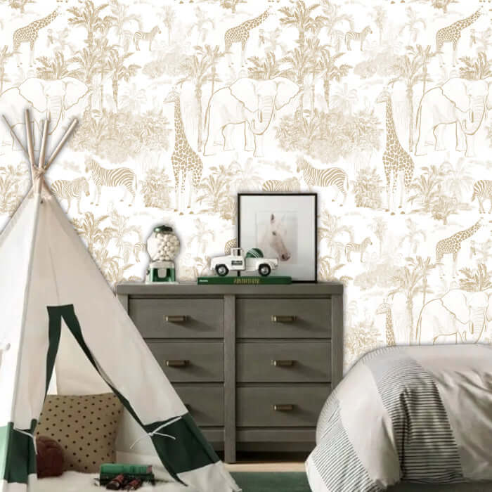 Light brown tropical animal wallpaper I Elephant Giraffe with jungle scene featuring elephants, giraffes, zebras and palm trees in soft brushstrokes