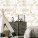Light brown tropical animal wallpaper I Elephant Giraffe with jungle scene featuring elephants, giraffes, zebras and palm trees in soft brushstrokes
