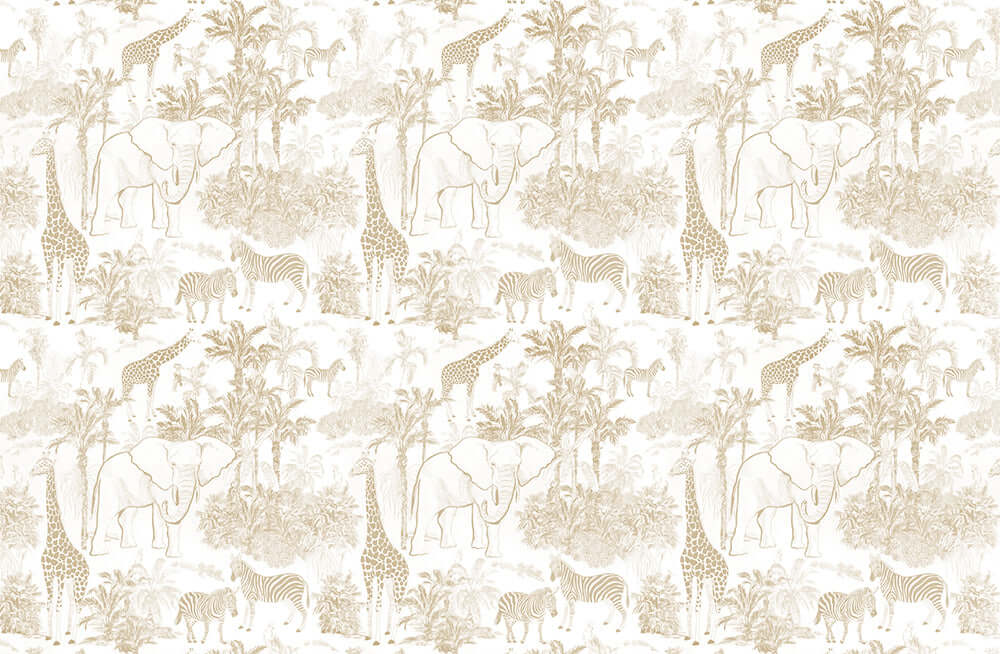 Light brown tropical animal wallpaper I Elephant Giraffe: tropical jungle wallpaper with elephants, giraffes, zebras, palm leaves in soft light brown tones