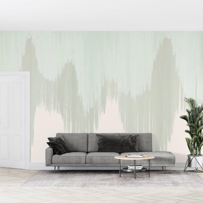 Light green abstract landscape wallpaper mural | Light green and beige in a serene living room with a gray sofa, minimalist decor, and a potted plant
