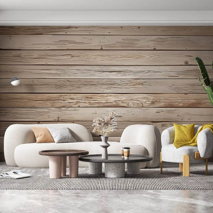 Light Wood Grain Wallpaper Mural – Realistic Wood Texture | Scandinavian, Minimalist & Japandi in a modern living room