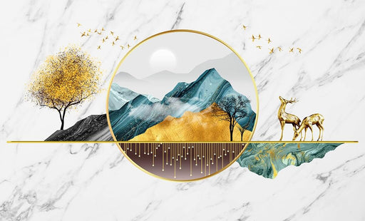 Lilded Mountain & Deer Wall Mural - Premium New Chinese Style Wallpaper for Luxe Living Room & Bedroom Décor