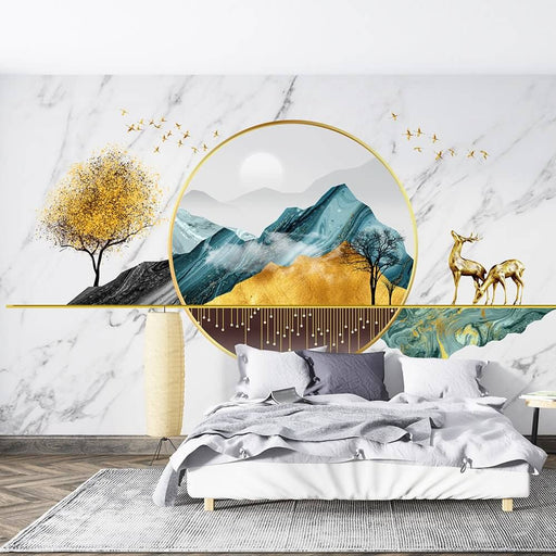 Lilded Mountain & Deer Wall Mural - Premium New Chinese Style Wallpaper for Luxe Living Room & Bedroom Décor