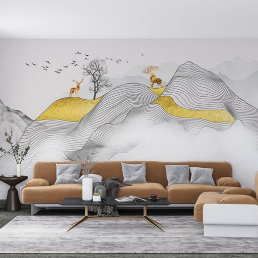 Line matching deer wallpaper | Gold patterned mountain mural - Carving wallpaper