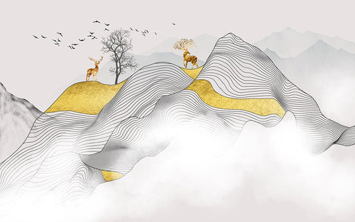 Line matching deer wallpaper | Gold patterned mountain mural - Carving wallpaper
