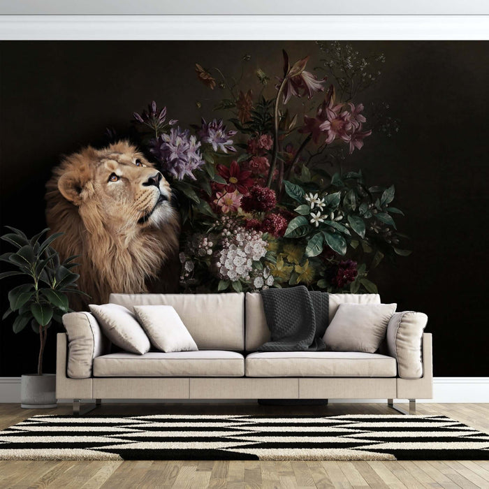 Lion Flower Wallpaper Mural | Deep Color: dark mural of a lion with vibrant flowers above a modern beige sofa in a living room