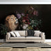 Lion Flower Wallpaper Mural | Deep Color: dark mural of a lion with vibrant flowers above a modern beige sofa in a living room