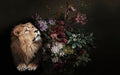Lion Flower Wallpaper Mural | Deep Color - a dark backdrop with a majestic lion gazing upward beside a vibrant, vintage oil-painting bouquet of colorful flowers.