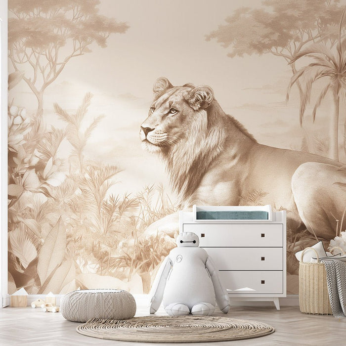 Lion Wallpaper Mural | Dark Brown Grassland - Carving wallpaper