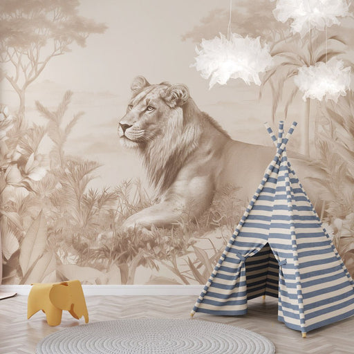 Lion Wallpaper Mural | Dark Brown Grassland - Carving wallpaper
