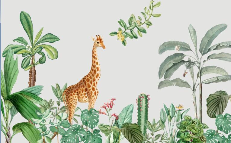 Long - necked deer Jungle wallpaper mural | children's giraffe jungle wallpaper - Carving wallpaper