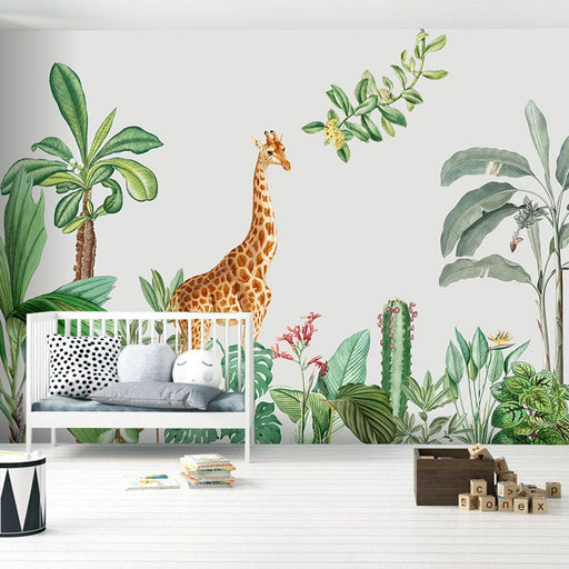 Long - necked deer Jungle wallpaper mural | children's giraffe jungle wallpaper - Carving wallpaper