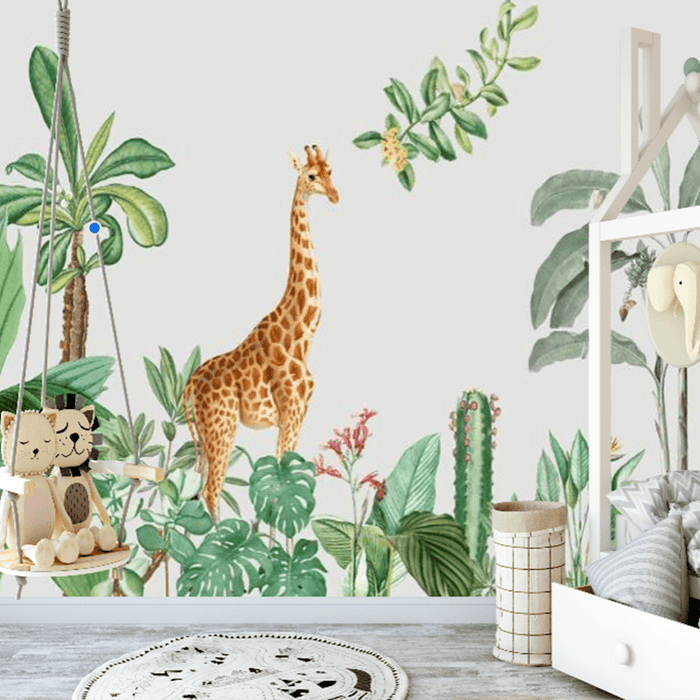 Long - necked deer Jungle wallpaper mural | children's giraffe jungle wallpaper - Carving wallpaper