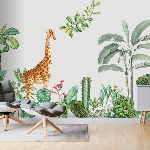 Long - necked deer Jungle wallpaper mural | children's giraffe jungle wallpaper - Carving wallpaper