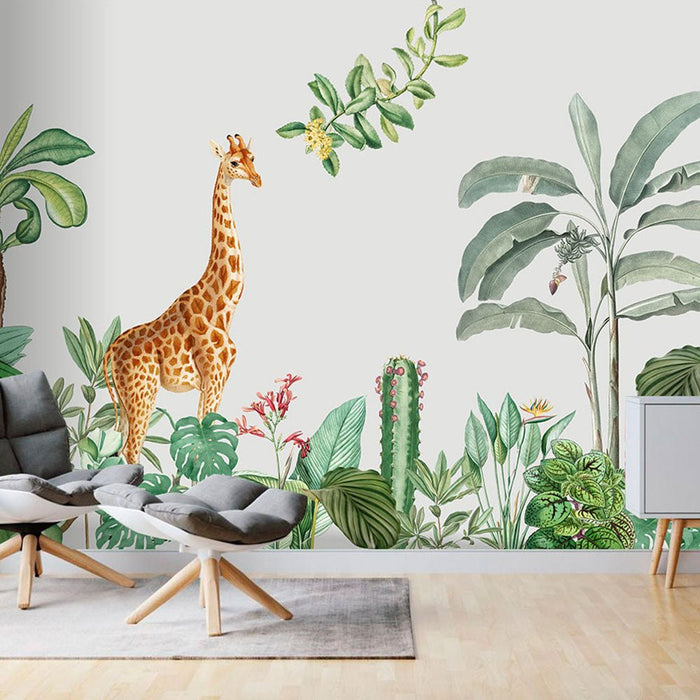 Long - necked deer Jungle wallpaper mural | children's giraffe jungle wallpaper - Carving wallpaper