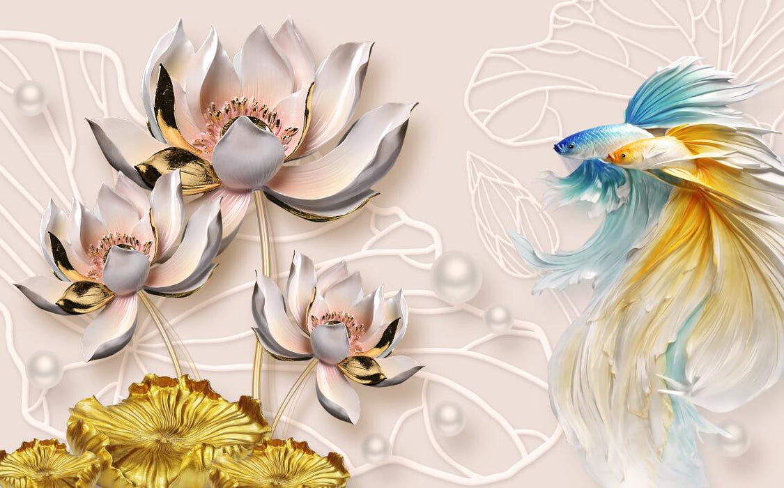 Lotus Goldfish Mural | Three dimensional Flower and Fish Wallpaper - Carving wallpaper