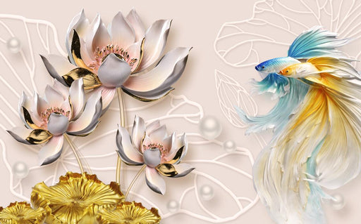 Lotus Goldfish Mural | Three dimensional Flower and Fish Wallpaper - Carving wallpaper