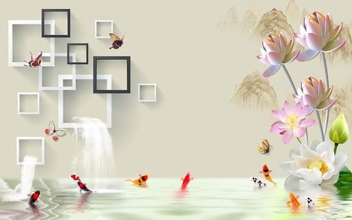 Lotus Koi Wallpaper Mural | Square Landscape - Carving wallpaper