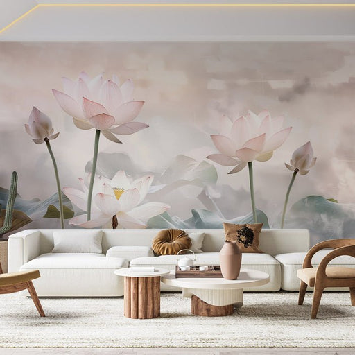 Lotus Wallpaper Mural | Blooming Lotus Flowers and Stretching Lotus Leaves - Carving wallpaper