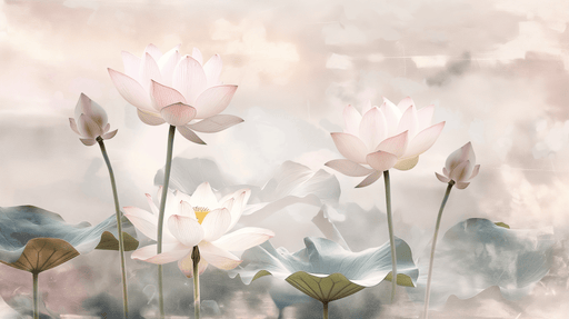 Lotus Wallpaper Mural | Blooming Lotus Flowers and Stretching Lotus Leaves - Carving wallpaper
