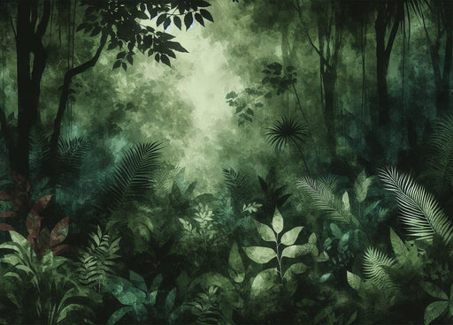 Lush Rainforest Wallpaper Mural | Deep Green Tropical Jungle HD: Hyper-Realistic rainforest scene with dense foliage and sunlight filtering through leaves