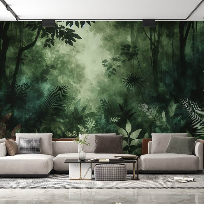 Lush Rainforest Wallpaper Mural | Deep Green Tropical Jungle HD - Hyper-Realistic rainforest ambiance with ultra-HD detailing in deep green foliage