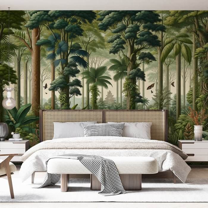 Lush Tropical Jungle Wallpaper | Vibrant Rainforest Mural with Botanical Abundance - lush tropical jungle wallpaper in a bedroom mural featuring emerald trees, tropical flowers, and butterflies