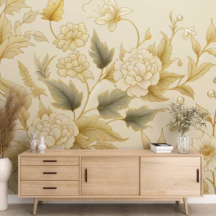 Luxe Golden Floral Wallpaper Mural | Elegant Chinese-Inspired Design | HD Botanical Décor for Bedroom & Living Room