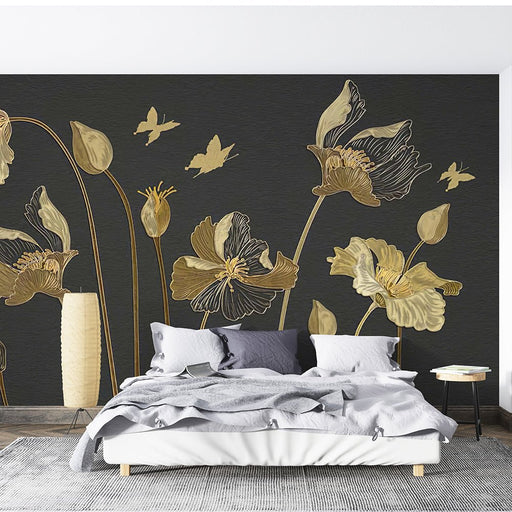 Luxury Black & Gold Floral Butterfly Wall Mural – Embossed Texture for Living Room & Bedroom - Carving wallpaper