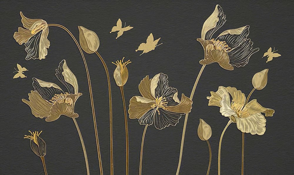 Luxury Black & Gold Floral Butterfly Wall Mural – Embossed Texture for Living Room & Bedroom with gold embossed flowers and butterflies on dark backdrop