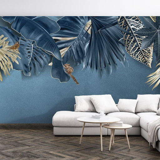 Luxury Blue & Gold Tropical Jungle Wallpaper Mural – Gilded Palm Leaves with Wildlife Accents