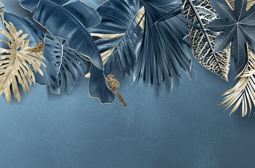Luxury Blue & Gold Tropical Jungle Wallpaper Mural – Gilded Palm Leaves with Wildlife Accents