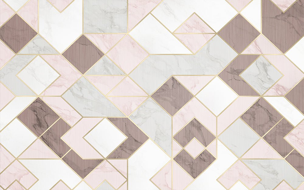 Luxury Geometric Marble Wallpaper Mural – Pink, Gray & White with Gold Accents