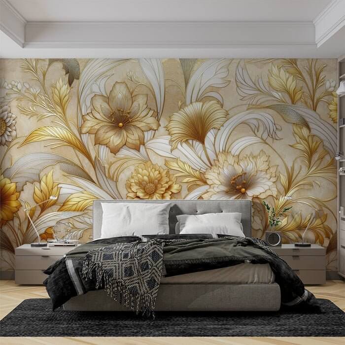 Luxury Golden Floral Wallpaper | European Embossed Pattern with 3D Relief Effect - opulent gold floral wallpaper for elegant bedrooms and living spaces