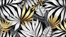 Luxury Monochrome Botanical Wallpaper Mural – Black & White Foliage with 24K Gold Accents