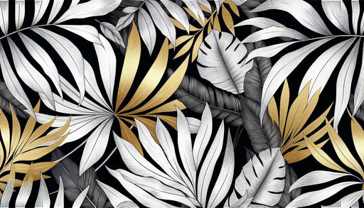 Luxury Monochrome Botanical Wallpaper Mural – Black & White Foliage with 24K Gold Accents