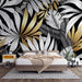 Luxury Monochrome Botanical Wallpaper Mural – Black & White Foliage with 24K Gold Accents featuring bold black-and-white leaves and gold foil details for luxurious bedroom decor