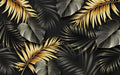 Luxury Tropical Wallpaper | Gold & Green Botanical Mural on Black with luminous gold palm fronds and green tropical leaves on a matte black background