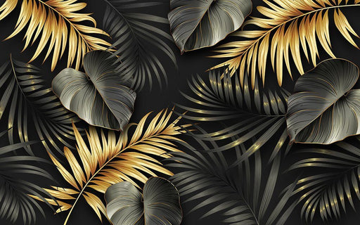 Luxury Tropical Wallpaper | Gold & Green Botanical Mural on Black with luminous gold palm fronds and green tropical leaves on a matte black background