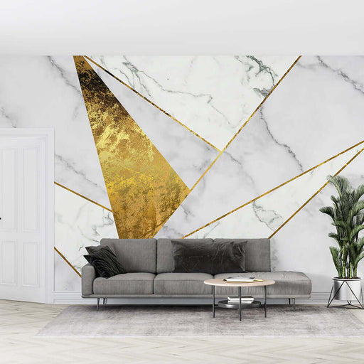 Marble geometric wallpaper mural | Living room high-end design with gold foil accents in a luxurious white marble backdrop