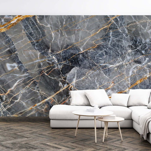 Marble texture wallpaper mural | Stone texture style wall decoration with grey, gold veins in a luxurious living room