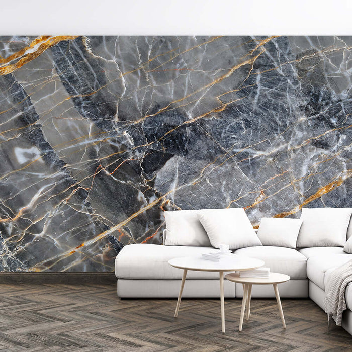 Marble texture wallpaper mural | Stone texture style wall decoration with grey, gold veins in a luxurious living room