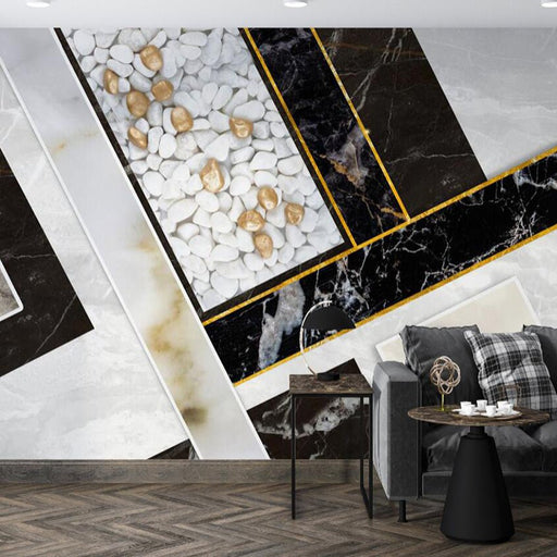 Marble Wallpaper Mural | Black and White Gold Marble Splicing, Wallpaper - Carving wallpaper