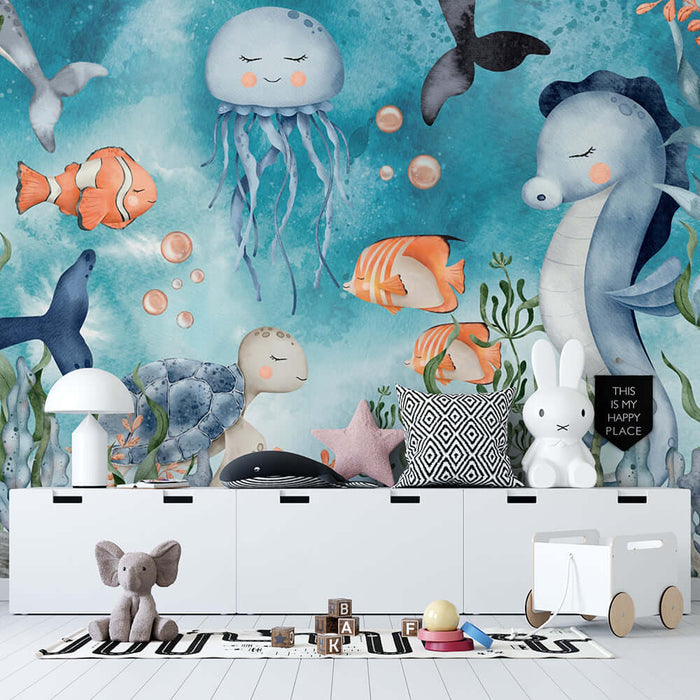 Marine Life Children's Wallpaper | Children's Room Bedroom Mural featuring underwater jellyfish, sea horses, and playful sea creatures for a magical kids' space