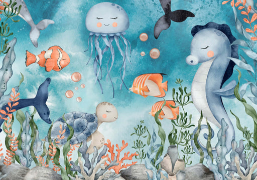 Marine Life Children's Wallpaper | Children's Room Bedroom Mural - Underwater fairy tale scene with jellyfish, seahorses, fish, dolphin and vibrant coral for a playful, elegant kids' room