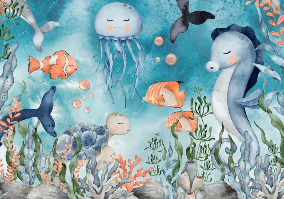 Marine Life Children's Wallpaper | Children's Room Bedroom Mural - Underwater fairy tale scene with jellyfish, seahorses, fish, dolphin and vibrant coral for a playful, elegant kids' room