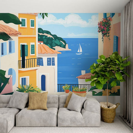 Mediterranean style wallpaper murals | Seaside town scenery - Carving wallpaper