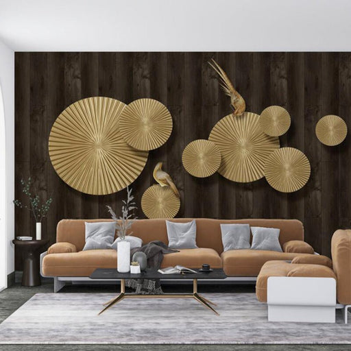 Metal fan decorated mural wallpaper | Paired with wooden texture to create a light luxury style - Carving wallpaper