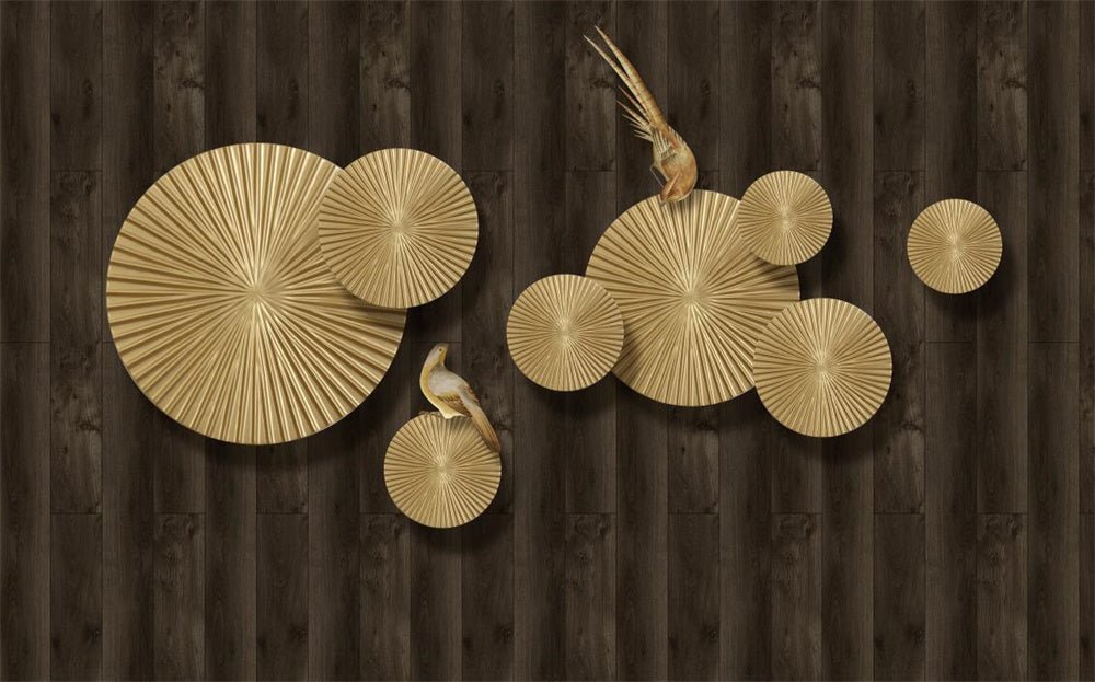 Metal fan decorated mural wallpaper | Paired with wooden texture to create a light luxury style - Carving wallpaper
